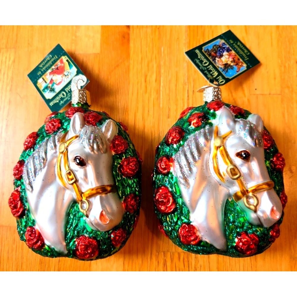 Set of 2 Old World Christmas White Horse Rose Wreath Glass Ornaments 12155 NEW